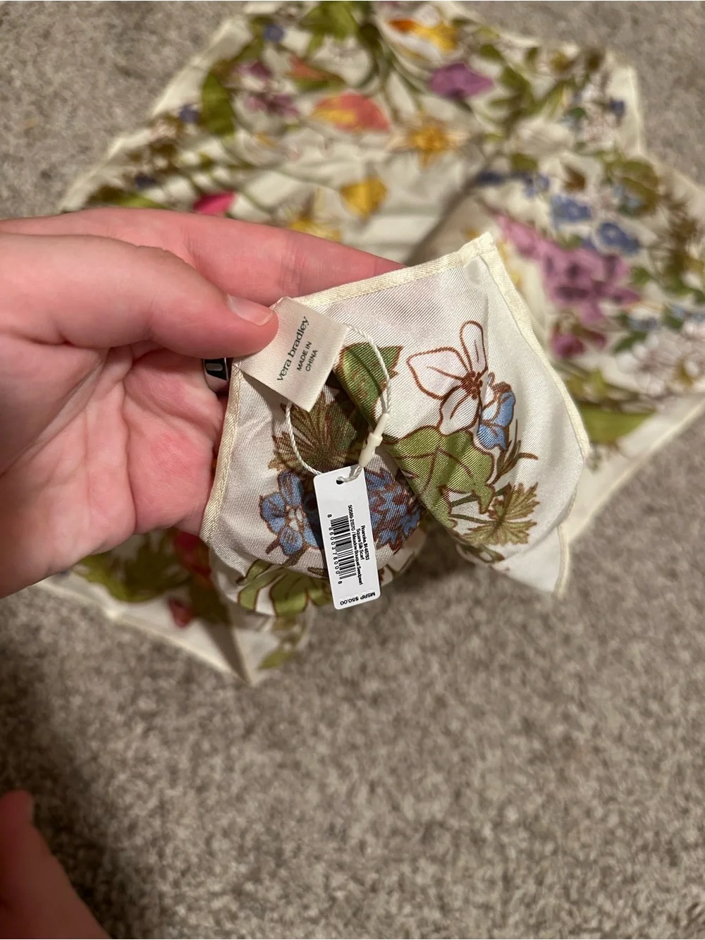 Vera Bradley Cream Floral Silk Square Scarf with Multi-Color Blooms